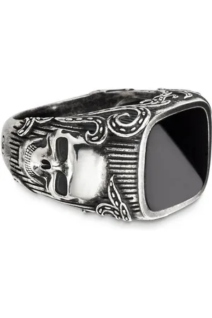 CAÏ Fingerring Silber 925 oxydiert mit Totenkopf-Motiv und schwarzem Onyx