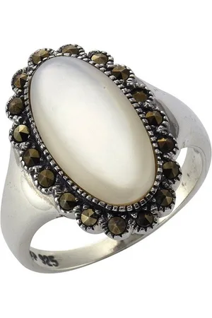 Zeeme Fingerring Silber 925 oxydiert mit weißem Perlmutt und 18 Markasit-Steinen