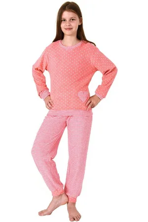 Normann Pyjama Mädchen Frottee Pyjama lang mit Bündchen in Herz- und Streifenoptik - Verkäufer: Fairway