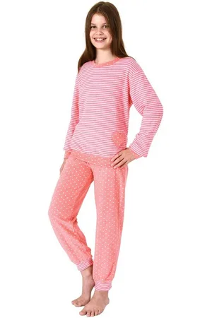 Normann Pyjama Mädchen Frottee Pyjama lang mit Bündchen in Herz- und Streifenoptik - Verkäufer: Fairway