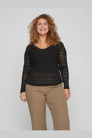 VILA Blusenshirt Transparente Langarm Bluse Gestricktes Shirt Übergrößen VICHIKKA VICHIKKA V-NECK L/S TOP/CUR - NOOS - Verkäufer: ARIZONAS
