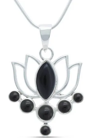 mantraroma Kette mit Anhänger LOTUS aus 925 Silber mit Onyx (Kettenanhänger uns Kette), 925 Sterling Silber Ketten mit Kettenanhänger für Damen - Verkäufer: