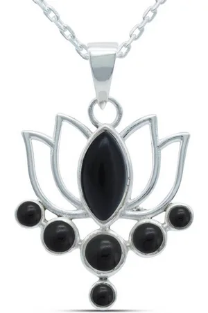 mantraroma Kette mit Anhänger LOTUS aus 925 Silber mit Onyx (Kettenanhänger uns Kette), 925 Sterling Silber Ketten mit Kettenanhänger für Damen - Verkäufer: