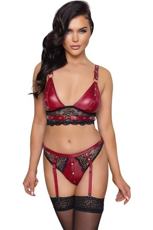 Cottelli Collection Set: Bügelloser BH Wetlook BH u Slip mit Manschetten - schwarz, rot (2-tlg) - Verkäufer: Sandritas