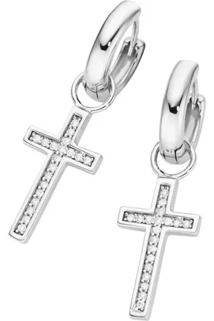 Giorgio Martello Paar Creolen Behang Kreuz, weiße Zirkonia oder schwarze Spinelle, Silber 925