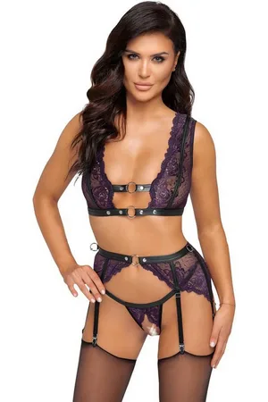 Cottelli Collection Set: Bügelloser BH Dessous Set Spitzen-BH u Slip - schwarz, lila (2-tlg) Edle Blütenpitze mit Mattlook-Details - Verkäufer: Sandritas
