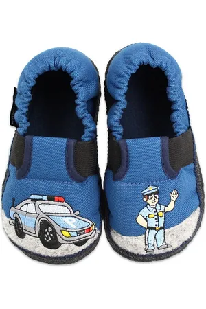 Beck Baumwollslipper Polizei Hüttenschuhe (für Kita, Schule und Zuhause geeignet) reine Baumwolle, Ganzjahres-Hausschuh, mit aufwändiger Stickerei - Verkäufer: