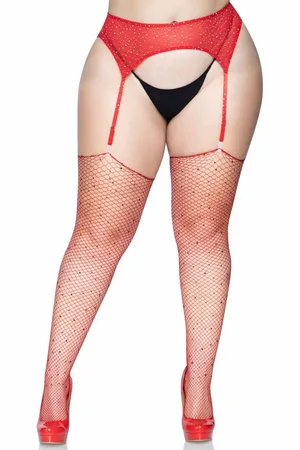 Leg Avenue Strapsstrümpfe Netz-Strümpfe mit Schmucksteinen Plus Size - (1-Paar) elastischer Netz-Stoff - Verkäufer: Sandritas