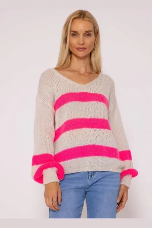 SASSYCLASSY Strickpullover Oversize Pullover Damen mit V-Ausschnitt Elegant Strickpullover mit Streifen aus weichem Grobstrick Schwarz Grau - Verkäufer: