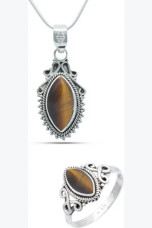 mantraroma Schmuckset 925er Silber mit Tigerauge (Schmuckset aus 925 Silber) - Verkäufer: