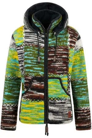 Kunst und Magie Strickjacke Damen Strickjacke Wolle Bunte Patchwork Jacke Zipfelkapuze Hochkragen - Verkäufer: