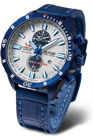 Vostok Quarzuhr YM8J-320D657, Almaz Space Station, Multifunktions-Herrenuhr, Chronograph, Lederarmband Blau - Verkäufer: Kaladia