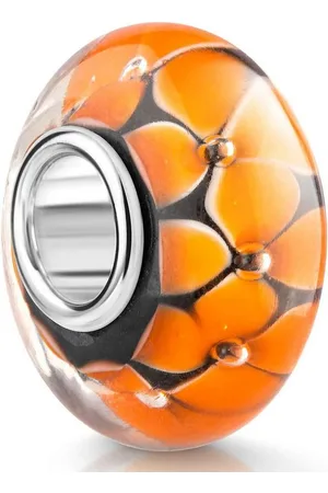 Materia Bead Glasperle Blumen Blüten Muster Orange Schwarz 815, Hülse aus 925 Sterling Silber - Verkäufer: Schmuck
