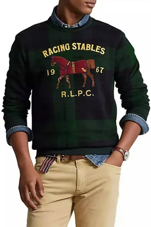 Ralph Lauren Sweatshirt RACING STABLES TARTAN Pullover Gesticktes Pferdemotiv, goldfarbenem Racing Stables R.L.P.C. 1967 - Verkäufer: eldigo