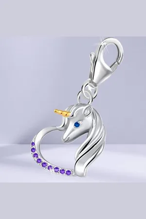 Goldene Hufeisen Charm Kristall Pferd Herz Einhorn Karabiner Charm Anhänger 925 Silber mit Zirkonia, Rhodiniert / anlaufgeschützt - Verkäufer: