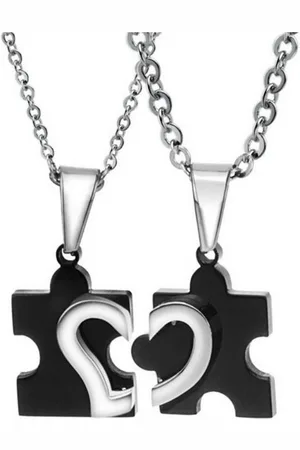 Karma Partnerkette Paarkette Liebe modern Puzzle schwarz Silber Pärchenschmuck Herz (Halskette für Sie & Ihn, 2-tlg), Paarkette Liebe modern Liebeskette - Verkäufer: Sanixa