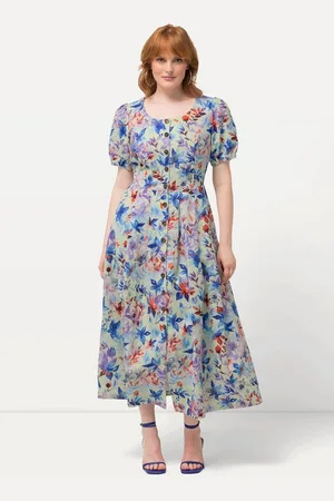 Ulla Popken Dirndl Midikleid Blätter Rundhals Puff-Halbarm Leinenmix - Verkäufer: Popken Fashion Group