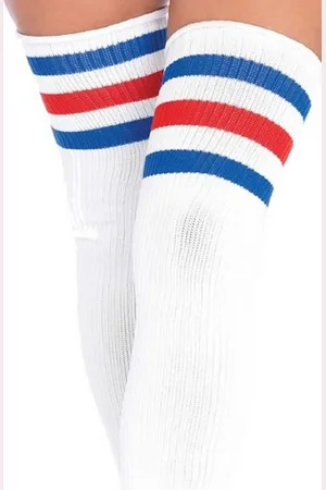 Leg Avenue Halterlose Strümpfe Overknees Strümpfe Blau Rot mit Querstreifen Einheitsgröße 36-40 - Verkäufer: unbespielt