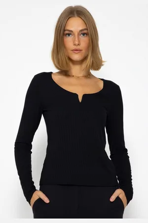 SASSYCLASSY Longshirt Geripptes Langarmshirt Damen mit V-Ausschnitt Shirt mit V-Detail Elegant Figurbetonte Passform Weiß Grau - Verkäufer: