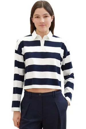 TOM TAILOR Langarm-Poloshirt mit Streifen und Polokragen, extra kurz