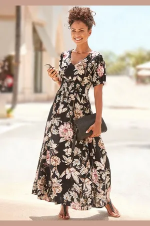 Lascana Maxikleid mit Blumendruck und leichten Puffärmeln, Sommerkleid, casual-elegant