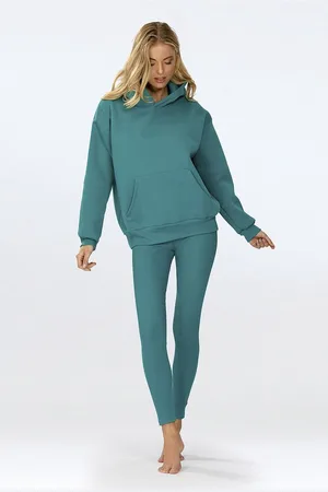 DKaren Freizeitanzug Hausanzug Jogginganzug Leggings Gerippt und Fleece Kapuzenpullover (Set, 2-tlg., Kapuzenpullover + Leggings), Großer Kapuze Baumwolle - Verkäufer: Makoma
