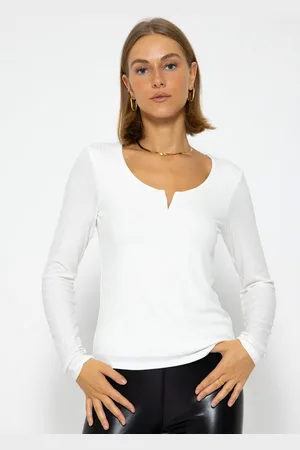 SASSYCLASSY Longshirt Geripptes Langarmshirt Damen mit V-Ausschnitt Shirt mit V-Detail Elegant Figurbetonte Passform Schwarz Grau - Verkäufer: