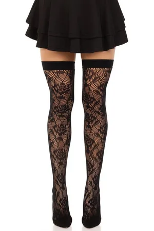 Leg Avenue Strapsstrümpfe Straps-Strümpfe mit Rosenmuster - (1-Paar) transparenter Netz-Stoff - Verkäufer: Sandritas