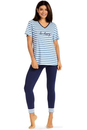 Comtessa Schlafanzug (Set, 2 tlg., 2-teilig) Damen Pyjama 2-teilig Baumwolle 7/8 Leggings Ringel - Verkäufer: chic4home