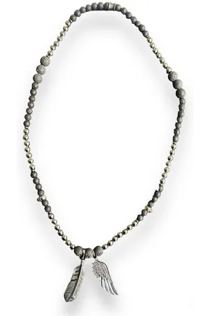 Aaron Bane Kette mit Anhänger Kette Perlenkette Halskette Lava Hämatin Edelsteine Engelsflügel Feder (1-tlg) - Verkäufer: Mysale24