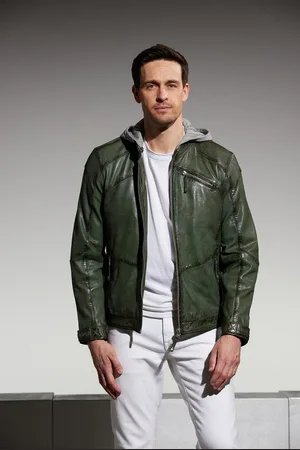 Jilani Lederjacke Karl-2 - Herren Lederjacke Kapuze Lammnappa dunkelgrün - Verkäufer: Lederjacken24