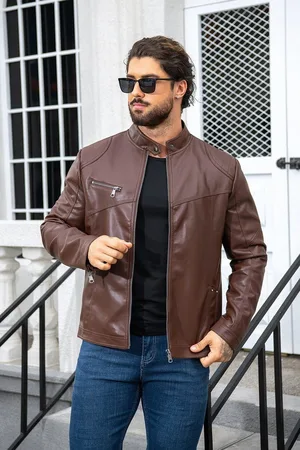 Allthemen Lederjacke Herren Bikerjacke mit Stehkragen - Verkäufer: