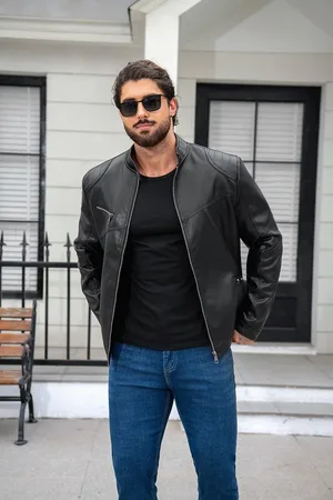 Allthemen Lederjacke Herren Bikerjacke mit Stehkragen - Verkäufer: