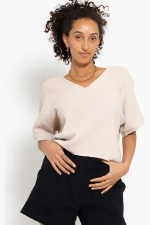 SASSYCLASSY Kurzarmshirt Musselin Shirt mit kurzen Ärmeln 100 % Baumwoll Shirt mit V-Ausschnitt und Schnürung am Rücken - Verkäufer: