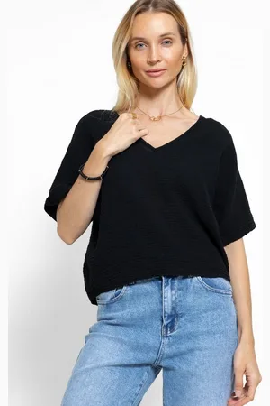 SASSYCLASSY Kurzarmshirt Musselin Shirt mit kurzen Ärmeln 100 % Baumwoll Shirt mit V-Ausschnitt und Schnürung am Rücken - Verkäufer:
