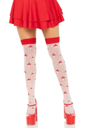 Leg Avenue Strapsstrümpfe Straps-Strümpfe mit Pilzmuster - weiß, rot (1-Paar) transparent - Verkäufer: Sandritas