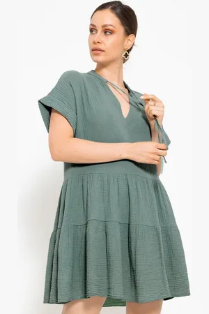 SASSYCLASSY Sommerkleid Musselin Kleid mit Volants 100% Baumwoll Kleid mit Volants, kurzen Ärmeln und Bindedetails - Verkäufer: