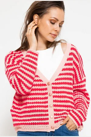 SASSYCLASSY Cardigan Oversize Strickjacke Damen mit Ajour Strick Lässiger Cardigan aus Grobstrick gestreift mit V-Ausschnitt Blau Rot - Verkäufer: