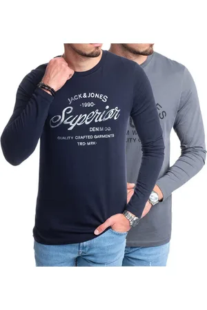 JACK & JONES Langarmshirt stilvolles Regular Fit Longsleeve mit Printdruck Unifarbene Rundhals-Shirts aus 100% Baumwolle - Verkäufer: mailopoint