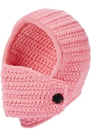 Miu Miu Strickmütze Mütze Mask-front crocheted hood hat Crochet Virgin Wool Hat Cap Hut Knopf-Kinn- und Mundschutz für optimale Isolierung - Verkäufer: eldigo