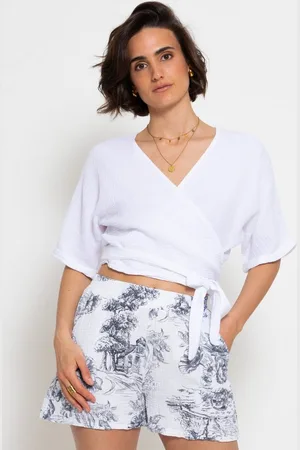 SASSYCLASSY Wickelbluse Musselin Bluse mit Bindeband und lockerer Passform Kurzarm Wickelbluse aus Baumwolle - Verkäufer: