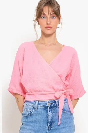 SASSYCLASSY Wickelbluse Musselin Bluse mit Bindeband und lockerer Passform Kurzarm Wickelbluse aus Baumwolle - Verkäufer: