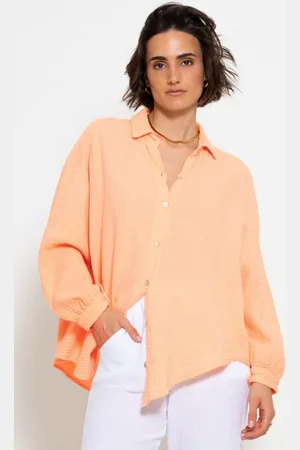 SASSYCLASSY Longbluse Oversize Musselin Bluse Damen kurz Langarm Elegant Hemdbluse lang aus Baumwolle mit V-Ausschnitt, One Size (Gr. 36-48) - Verkäufer: