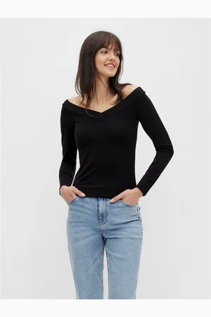Pieces® Langarmshirt PCMALIVA LS OFF SHOULDER V-NECK TOP NOOS