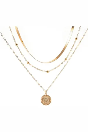 Karma Kette mit Anhänger Halskette Damen mehrreihig Gold Kette Metall Damenhalskette (mehrreihig, Metallkette Goldkette 45 cm), Dreilagige Damenhalskette mit Anhänger modern - Verkäufer: Sanixa