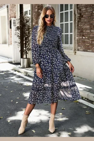 DEBAIJIA Dirndl Langärmeliges Kleid Damen Blumenmuster Rundhalsausschnitt Freizeit - Verkäufer: Paciea UG