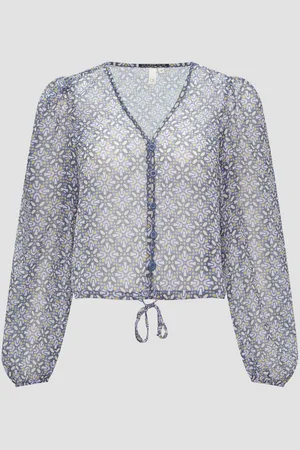 QS by s.Oliver Langarmbluse Verkürzte Bluse aus semi-transparentem Chiffon Raffung - Verkäufer: s.Oliver