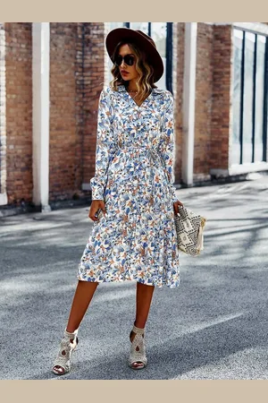 DEBAIJIA Dirndl Langärmeliges Kleid Damen V-Ausschnitt Blumenmuster Freizeit Urlaub - Verkäufer: Paciea UG