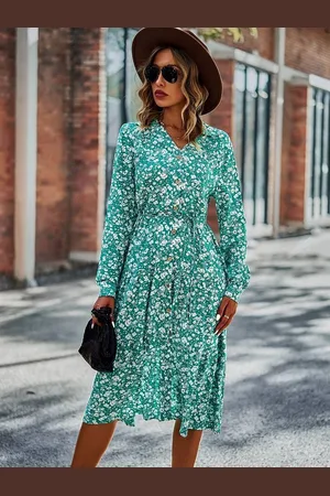 DEBAIJIA Dirndl Langärmeliges Kleid Damen V-Ausschnitt Blumenmuster Freizeit Urlaub - Verkäufer: Paciea UG