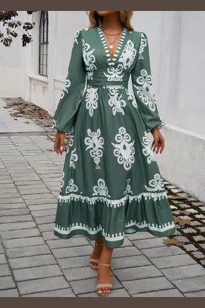 DEBAIJIA Dirndl Langärmeliges Kleid Damen Bedrucktes V-Ausschnitt Freizeit - Verkäufer: Paciea UG